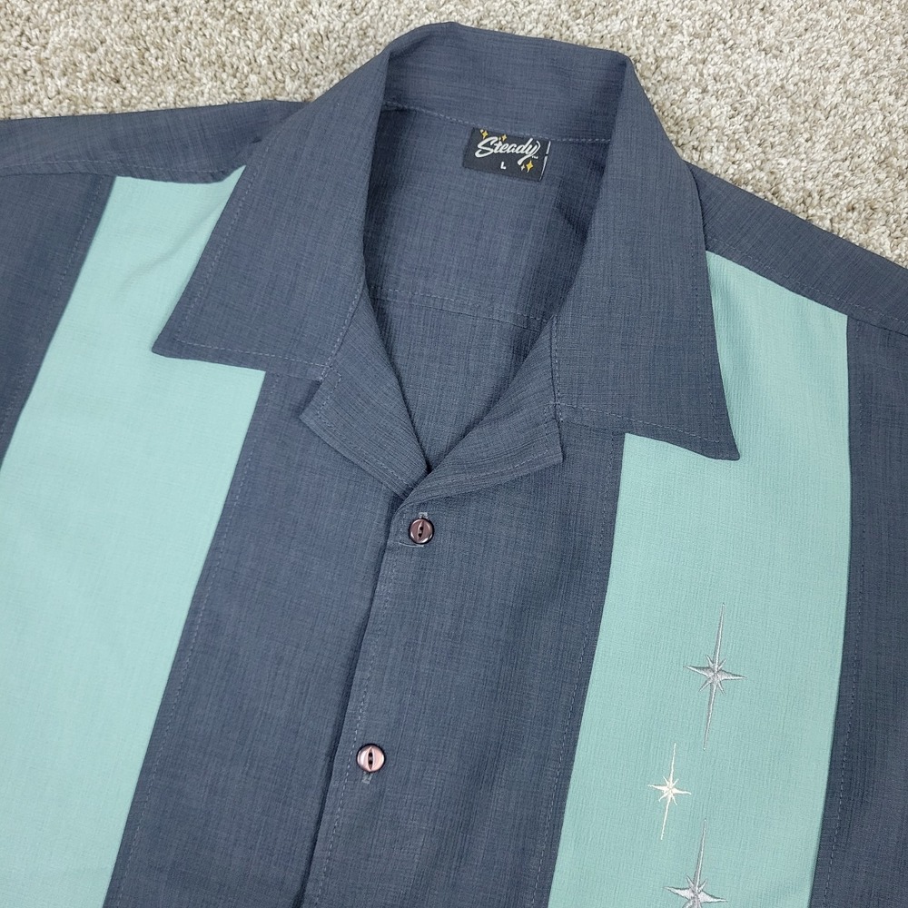 Steady Mens Large Gray Green Striped Performance Stretch Button Up SS Bowling